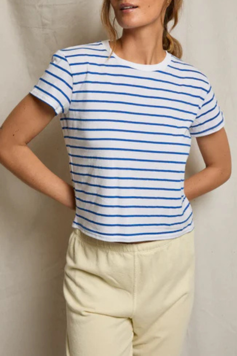 front profile model wearing  Everett Jersey Boxy Cobalt Stripe 90% Cotton, 10% Polyester
Relaxed shape
Bold horizontal stripes
Crew neck
short sleeves