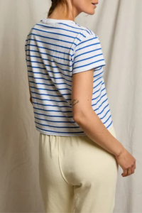 back profile model wearing  Everett Jersey Boxy Cobalt Stripe 90% Cotton, 10% Polyester
Relaxed shape
Bold horizontal stripes
Crew neck
short sleeves