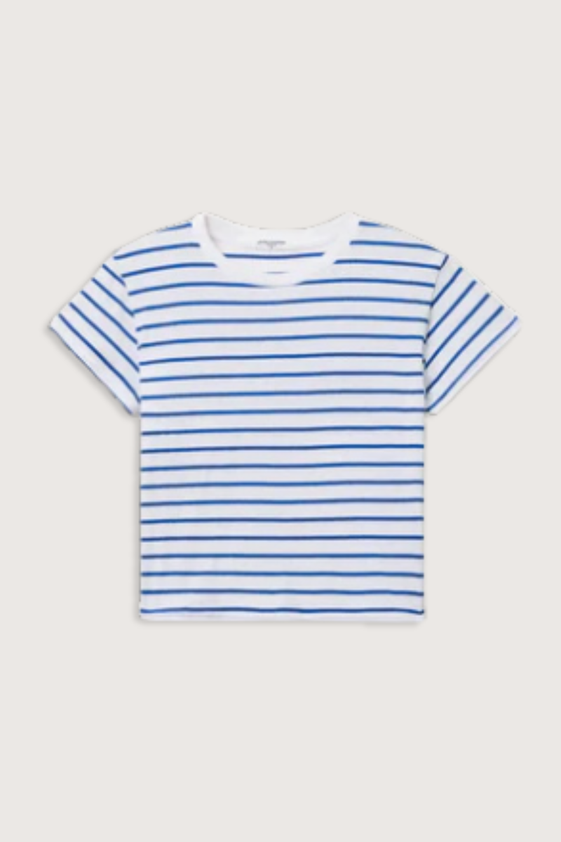 flat lay Everett Jersey Boxy Cobalt Stripe 90% Cotton, 10% Polyester
Relaxed shape
Bold horizontal stripes
Crew neck
short sleeves