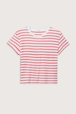 flat lay Everett Jersey Boxy Tomato Stripe T-shirt 90% Cotton, 10% Polyester
Relaxed shape
Bold horizontal stripes
Crew neck