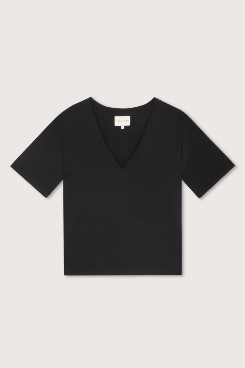 flat lay black boxy supima cotton v-neck t-shirt