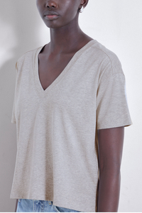 close up model wearing  FAAA V-Neck Tee Grey Melange supima cotton boxy fit
