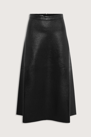 flat lay Fab Midi Skirt Shiny New Wool deep black Long skirt
Milano knit reworked in a “leather” effect
Girdling waistband is hidden inside
Slightly flared silhouette
Back zipper
100% pure extra-fine virgin wool