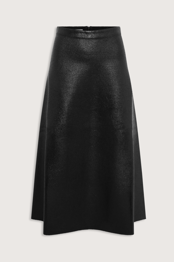 flat lay Fab Midi Skirt Shiny New Wool deep black Long skirt
Milano knit reworked in a “leather” effect
Girdling waistband is hidden inside
Slightly flared silhouette
Back zipper
100% pure extra-fine virgin wool