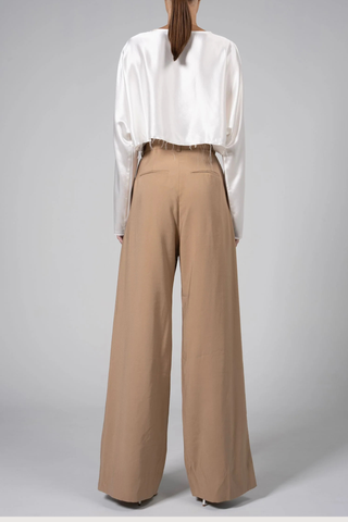 back profile model wearing Fabi Pant Camel Tailored fit 
High waisted
Double pleated