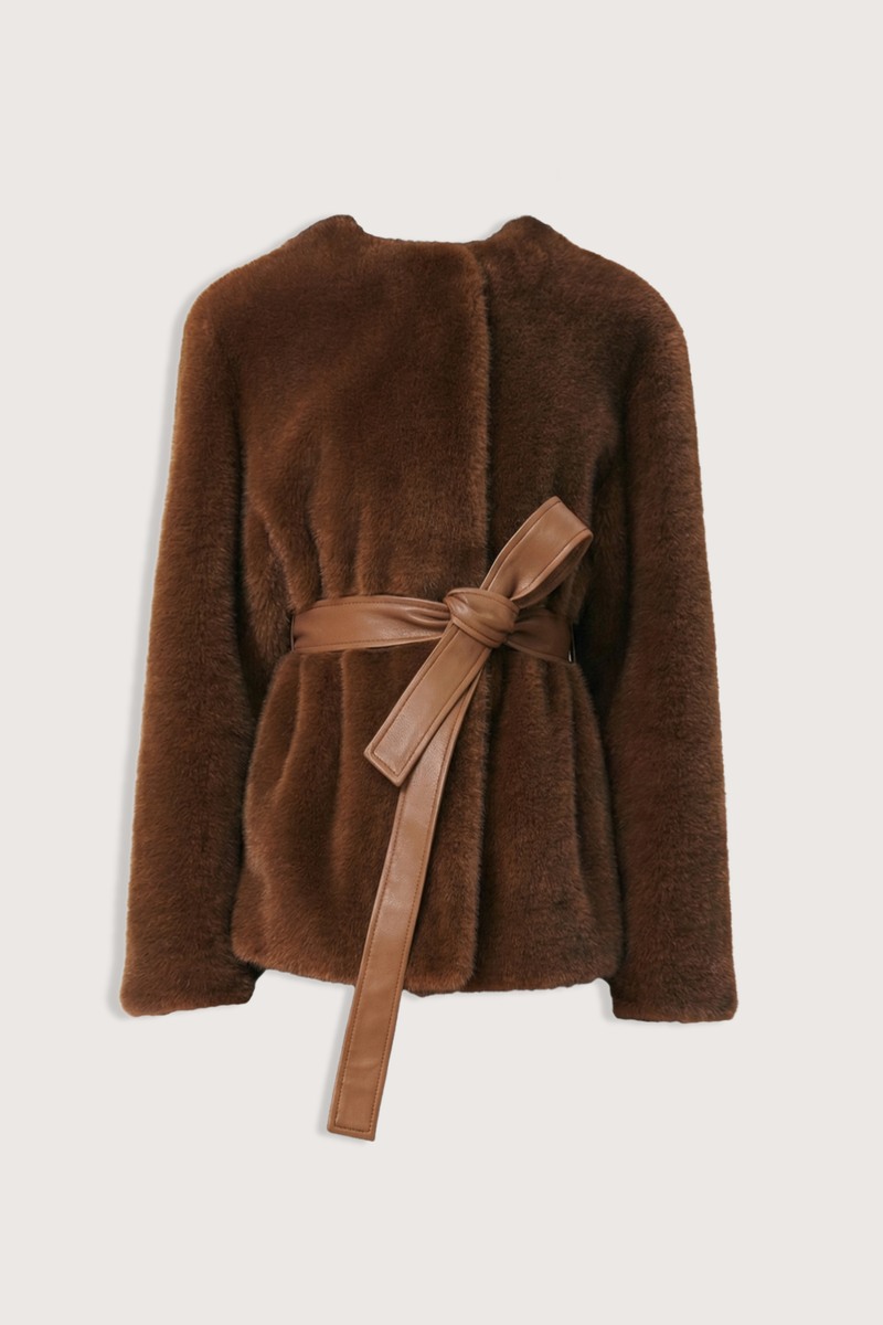 flat lay Fabu Faux Fur Belted Jacket brown Crewneck
Faux fur
Faux leather waist tie
Long sleeve