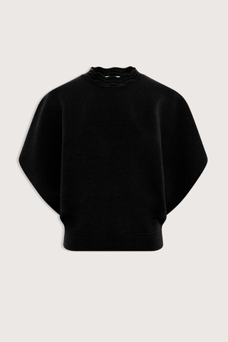 flat lay Fanta Top noir black Soft, modern fine-knit top
Generous cut
Neckline trimmed with a wide rick-rack edging
Enveloping armholes
Milano ribbed hem
90% pure laine vierge extra-fine, 7% polyamide, 3% élasthanne
