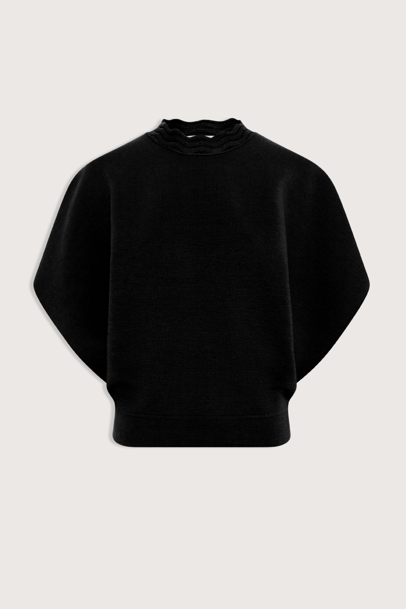 flat lay Fanta Top noir black Soft, modern fine-knit top
Generous cut
Neckline trimmed with a wide rick-rack edging
Enveloping armholes
Milano ribbed hem
90% pure laine vierge extra-fine, 7% polyamide, 3% élasthanne