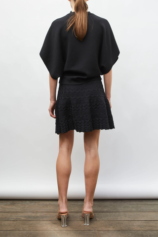 back profile model wearing  Fanta Top noir black Soft, modern fine-knit top
Generous cut
Neckline trimmed with a wide rick-rack edging
Enveloping armholes
Milano ribbed hem
90% pure laine vierge extra-fine, 7% polyamide, 3% élasthanne