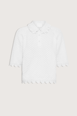 flat lay Fantaisie Polo Top milk white 
Delicate, subtle, ultra-refined knit
Ruffle at the collar
Cuff details
Fine knit polo
Covered buttons
91% pure extra-soft cotton, 9% polyester