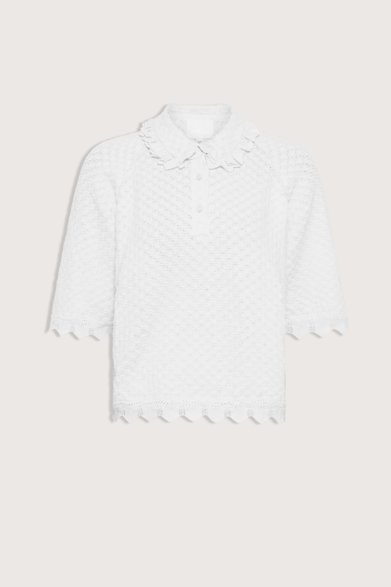 flat lay Fantaisie Polo Top milk white 
Delicate, subtle, ultra-refined knit
Ruffle at the collar
Cuff details
Fine knit polo
Covered buttons
91% pure extra-soft cotton, 9% polyester