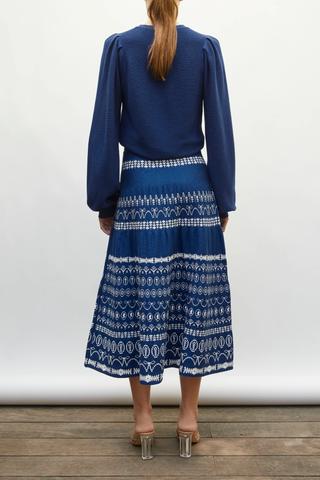 back profile model wearing Farandole Crew Top Royal Blue Fine, soft knit top
Gathered sleeves
Pleated effect
Fine Italian garter-stitch knit sweater
Straight cut
Round neckline
Long gathered sleeves 
100% pure extra-soft virgin wool