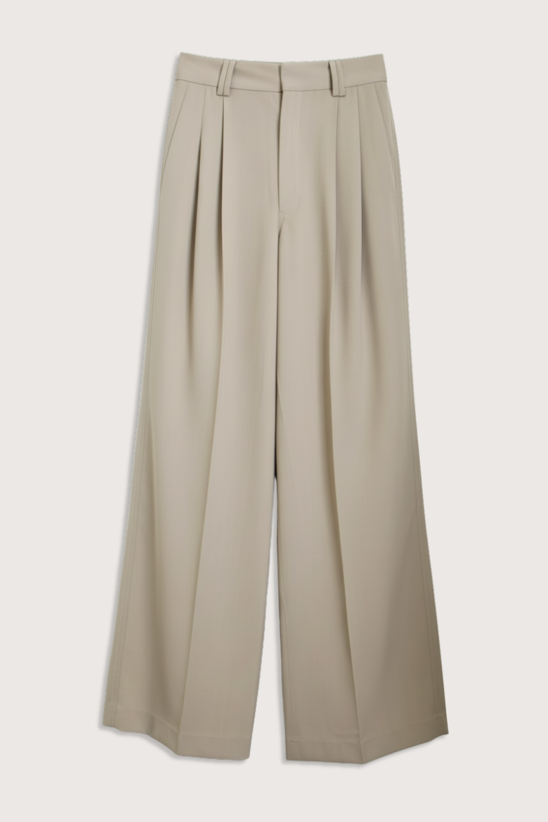 flat lay Fatima Wide Leg Trouser clay High-waisted
Pleated trouser
Paperweight wool suiting
Tailored fit
&nbsp;Back welt pockets
Tab waist closure
Double front belt loops