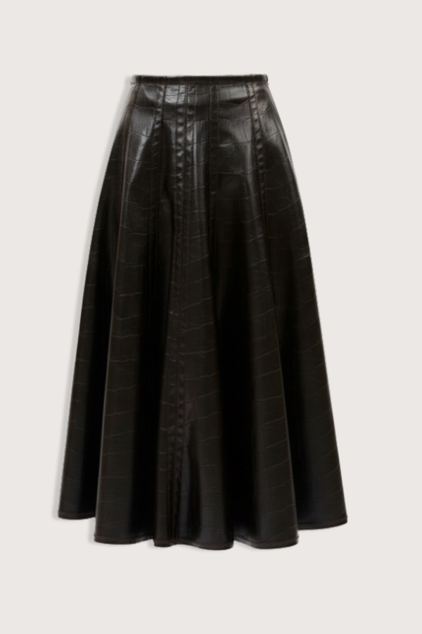flat lay Faux Croc Leather Skirt dark chocolate A-line
Maxi length
Side seams
Dcorative stitching
100% polyester