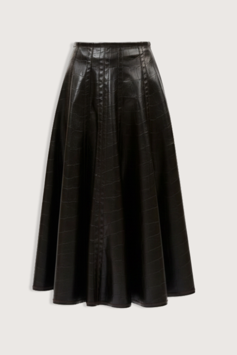 flat lay Faux Croc Leather Skirt dark chocolate A-line
Maxi length
Side seams
Dcorative stitching
100% polyester