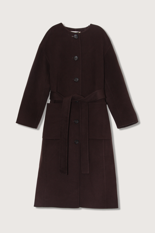 flat lay Fernanda Double Faced Wool Oversized Coat with removable tie two front pockets collarless brown