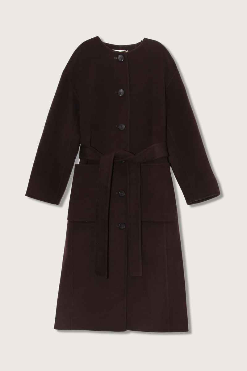 flat lay Fernanda Double Faced Wool Oversized Coat with removable tie two front pockets collarless brown