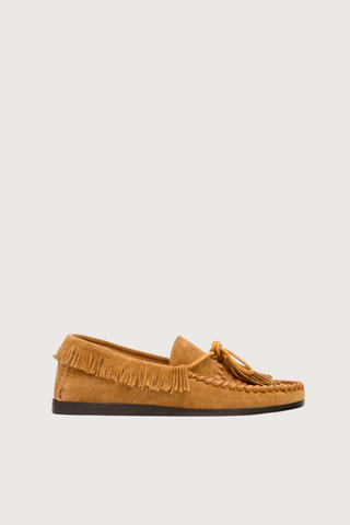 side profile Fitza Moccasin cognac  Fringed leather loafers
Tongue with a tied string and pompoms
Round toes
Graphic style patterns woven on the tops
Visible seams
Fringed finishes
Flat leather outsoles
Soft leather insoles
Soft leather lining
100% leather