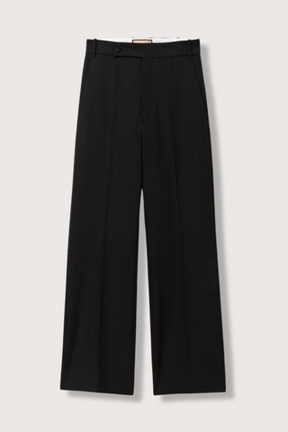 flat lay flared wool pants anthracite grey, Regular waist, Lined button fastening, Belt loops, Concealed side slip pockets, Buttoned back welt pockets 