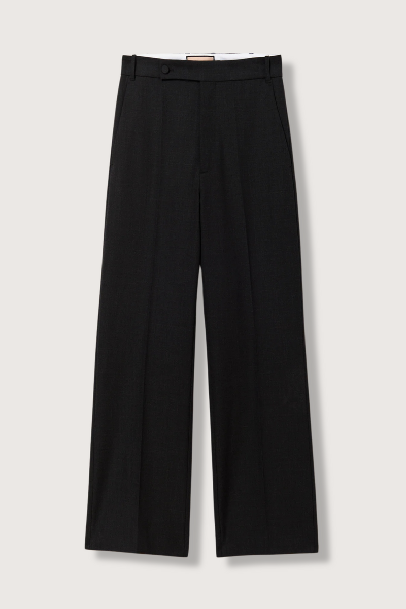 flat lay flared wool pants anthracite grey, Regular waist, Lined button fastening, Belt loops, Concealed side slip pockets, Buttoned back welt pockets 