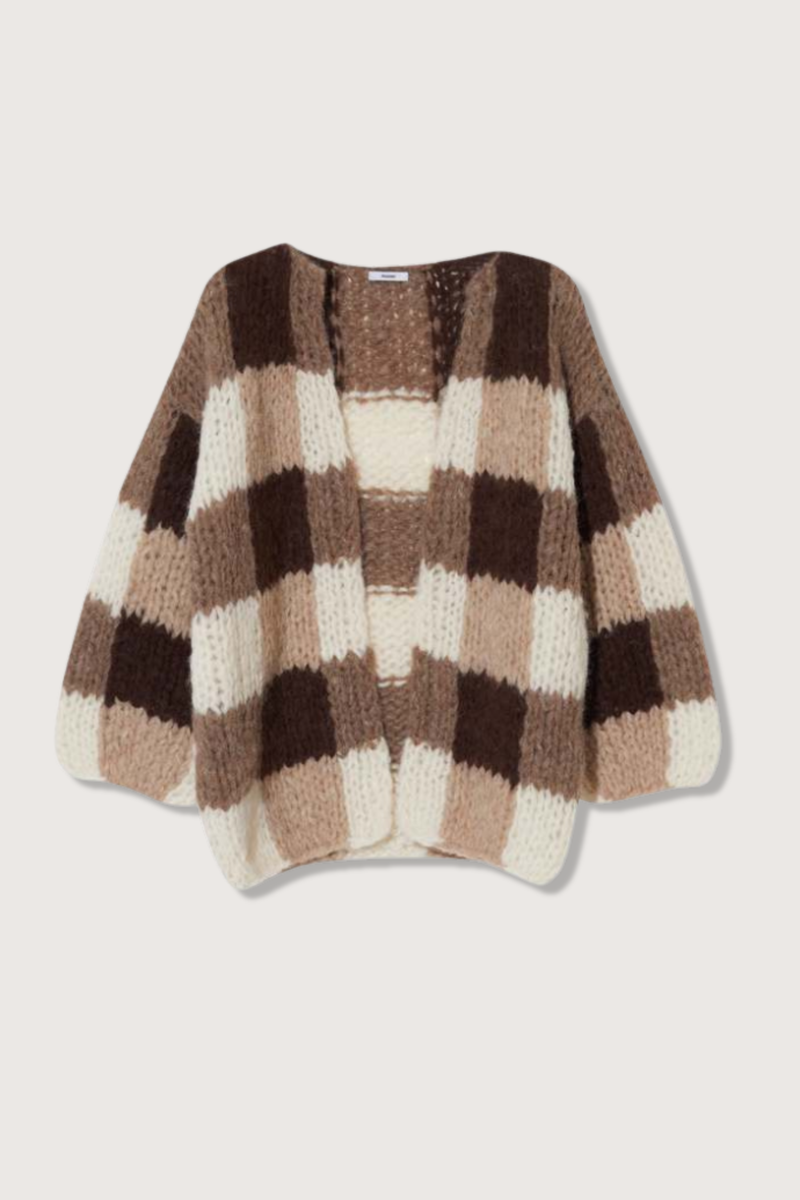 flat lay Fleecy Alpaca Checkered Cardigan brown white camel open design no buttons puff sleeves