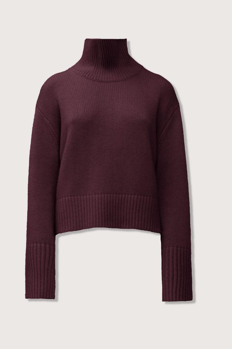 flat lay Fleur Cashmere Sweater Mohogany Turtleneck
Thick rib trim
Boxy, relaxed fit