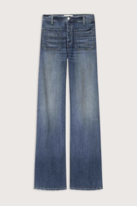 flat lay Florence Jean Classic Wash mid blue Premium Japanese stretch denim
Utility design
Classic sailor pant
Mid-to-high-rise
Two flat front pockets
Flare leg