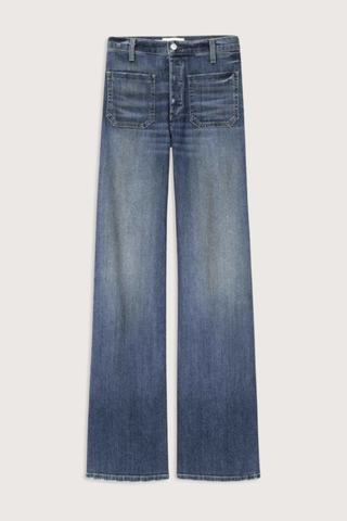flat lay Florence Jean Classic Wash mid blue Premium Japanese stretch denim
Utility design
Classic sailor pant
Mid-to-high-rise
Two flat front pockets
Flare leg