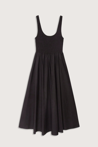 flat lay Florence Tank Smock Dress black cotton Crisp paper poplin
Sleeveless midi sundress
Square neck
Smocked bodice
Side seam pockets