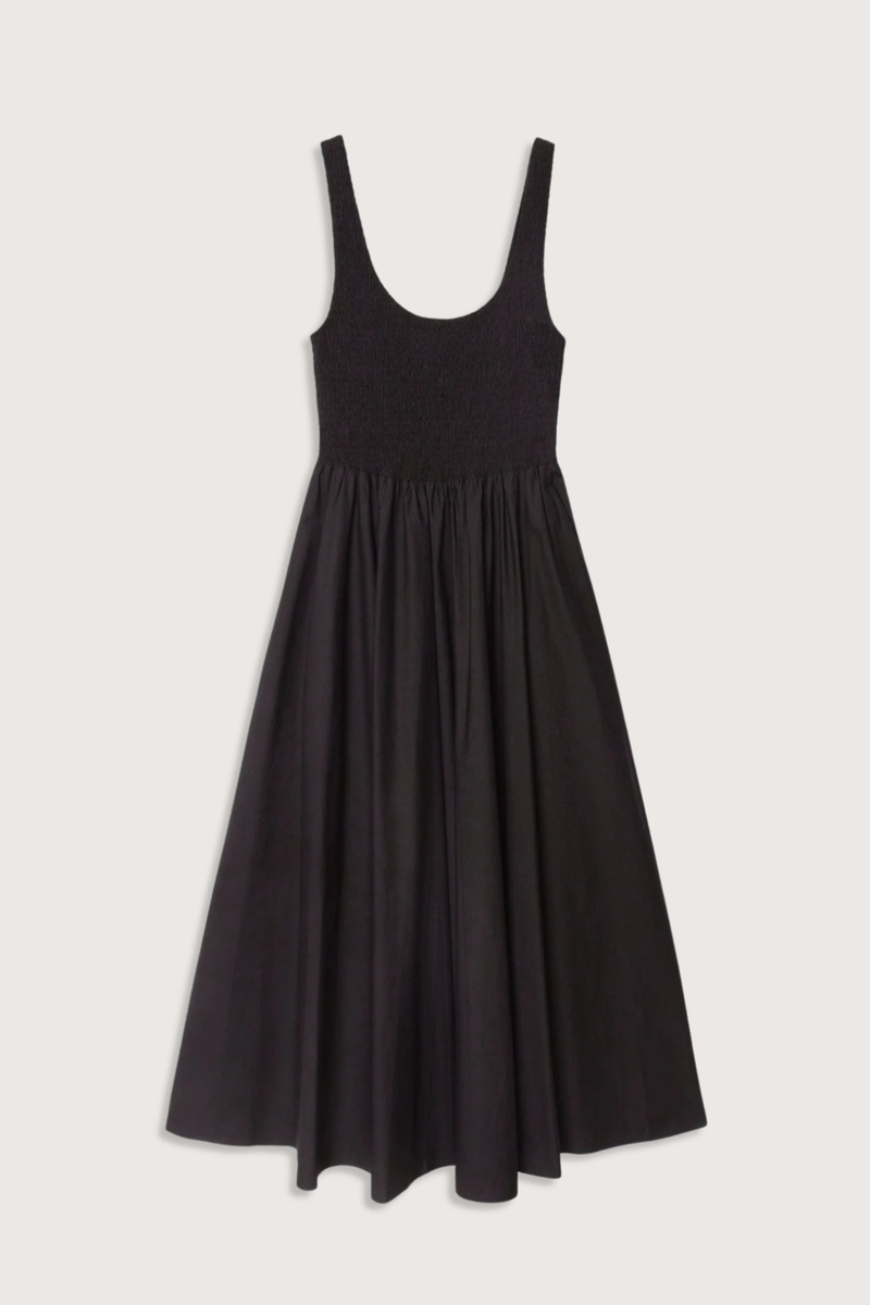 flat lay Florence Tank Smock Dress black cotton Crisp paper poplin
Sleeveless midi sundress
Square neck
Smocked bodice
Side seam pockets