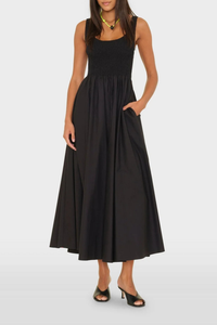 front profile model wearing Florence Tank Smock Dress black cotton Crisp paper poplin
Sleeveless midi sundress
Square neck
Smocked bodice
Side seam pockets