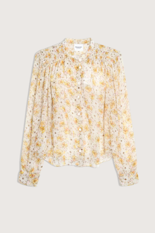 flat lay Florine Printed Georgette Long Sleeve Top light yellow ecru Printed chiffon blouse
All-over floral print
Fluid silhouette
Front button closure
Fitted round neckline
Gathered and ruffled armholes
Long sleeves
Cinched button cuffs
Viscose 100%