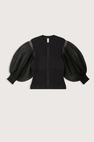 flat lay front Fluted  Short Sleeve Puff Cardigan black Knit structure created by alternating two types of ribbing
Sleeves knitted with sheer yarn
Crew neck
Form-fitting
Button front closure
84% Polyester (84% recycled polyester) 16% Nylon