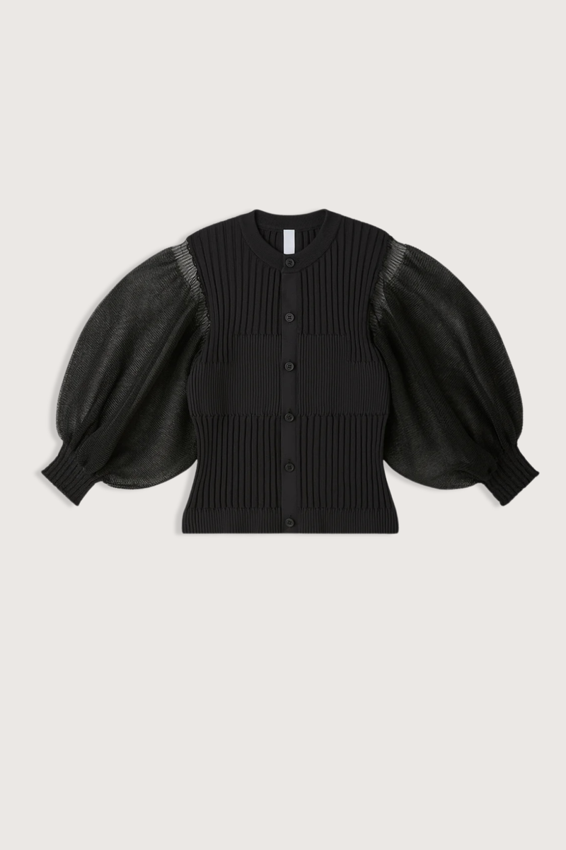 flat lay front Fluted  Short Sleeve Puff Cardigan black Knit structure created by alternating two types of ribbing
Sleeves knitted with sheer yarn
Crew neck
Form-fitting
Button front closure
84% Polyester (84% recycled polyester) 16% Nylon