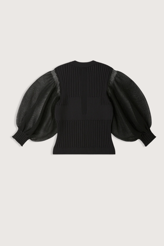 flat lay back Fluted  Short Sleeve Puff Cardigan black Knit structure created by alternating two types of ribbing
Sleeves knitted with sheer yarn
Crew neck
Form-fitting
Button front closure
84% Polyester (84% recycled polyester) 16% Nylon