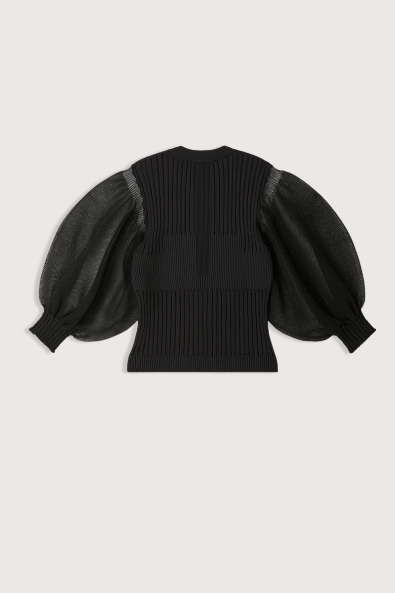 flat lay back Fluted  Short Sleeve Puff Cardigan black Knit structure created by alternating two types of ribbing
Sleeves knitted with sheer yarn
Crew neck
Form-fitting
Button front closure
84% Polyester (84% recycled polyester) 16% Nylon