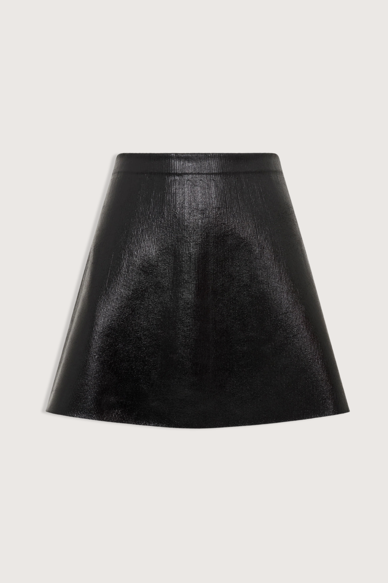 flat lay Foil Mini Skirt deep black Leather-look knit
Short milano knit skirt
Coated leather effect
Flared cut
Back zipper