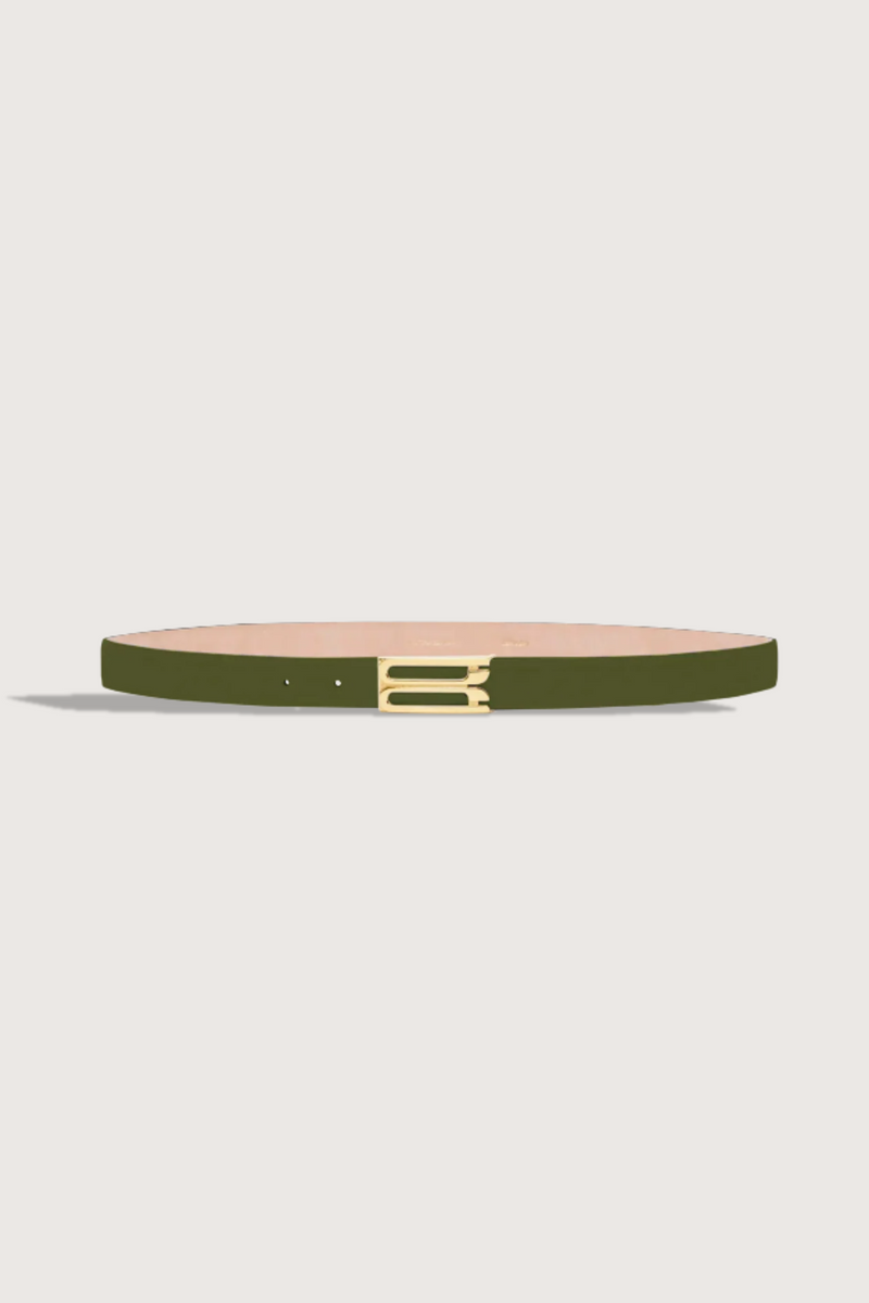 flat lay Frame Belt Khaki Leather with gold logo buckle