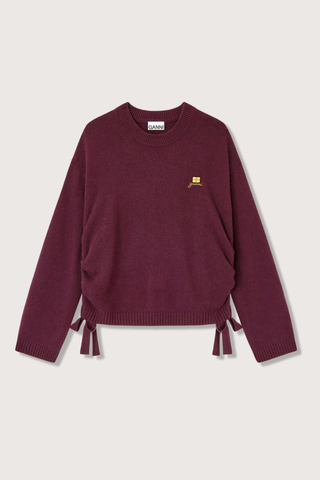 flat lay Future Wool Mix Oversized O-Nk Sweater burgundy Round neck Ribbed edges GANNI logo Side tie details