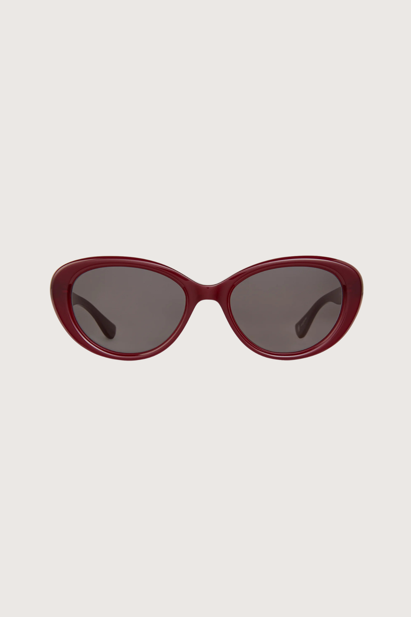 front profile GLCO x Doen Ingenue Sun Lipstick red frame  dark grey lens Thicker, more expressive cat-eye