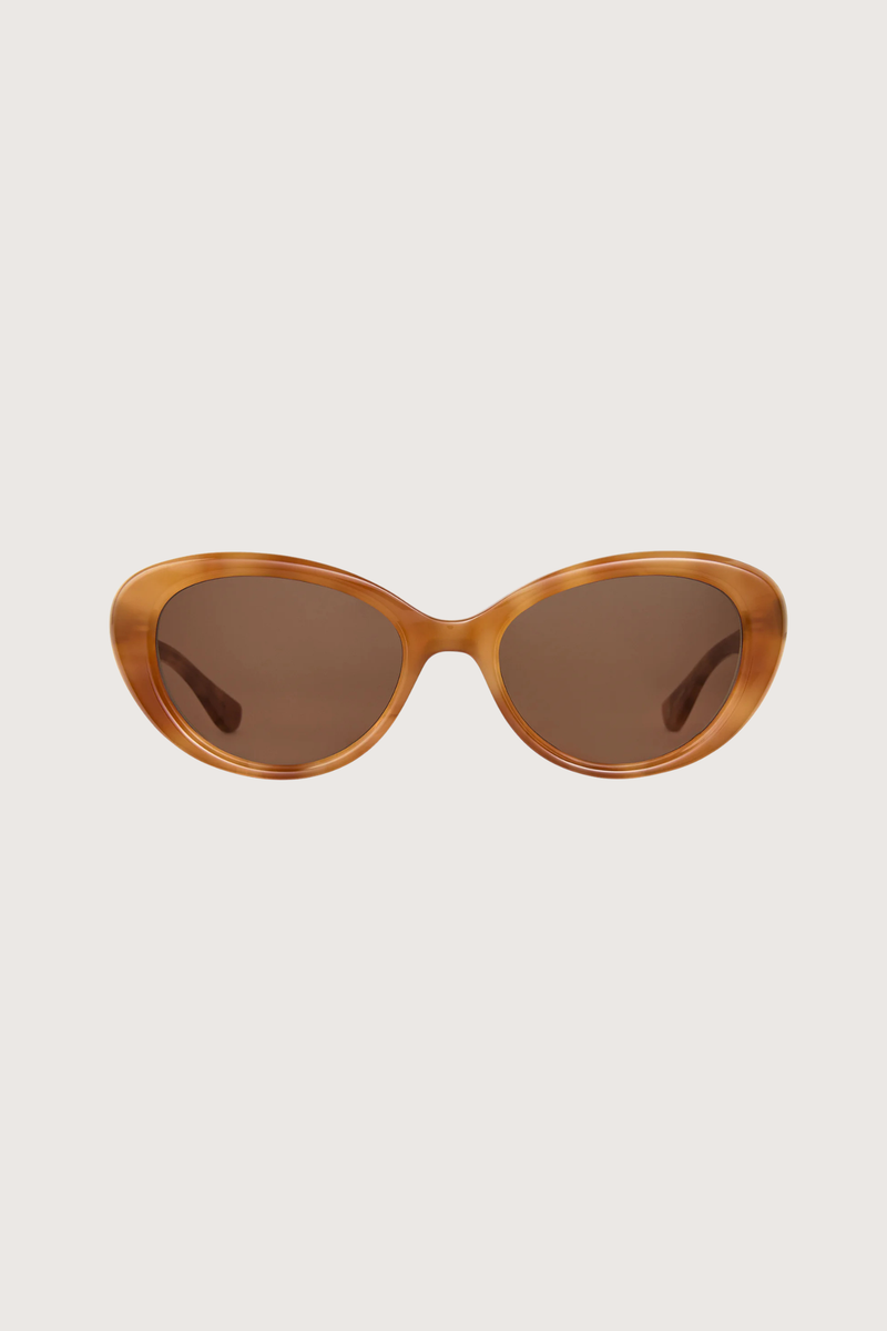 front profile GLCO x Doen Ingenue Sun Tortoise caramel tortoiseshell frame with  light brown tint lens Thicker, more expressive cat-eye