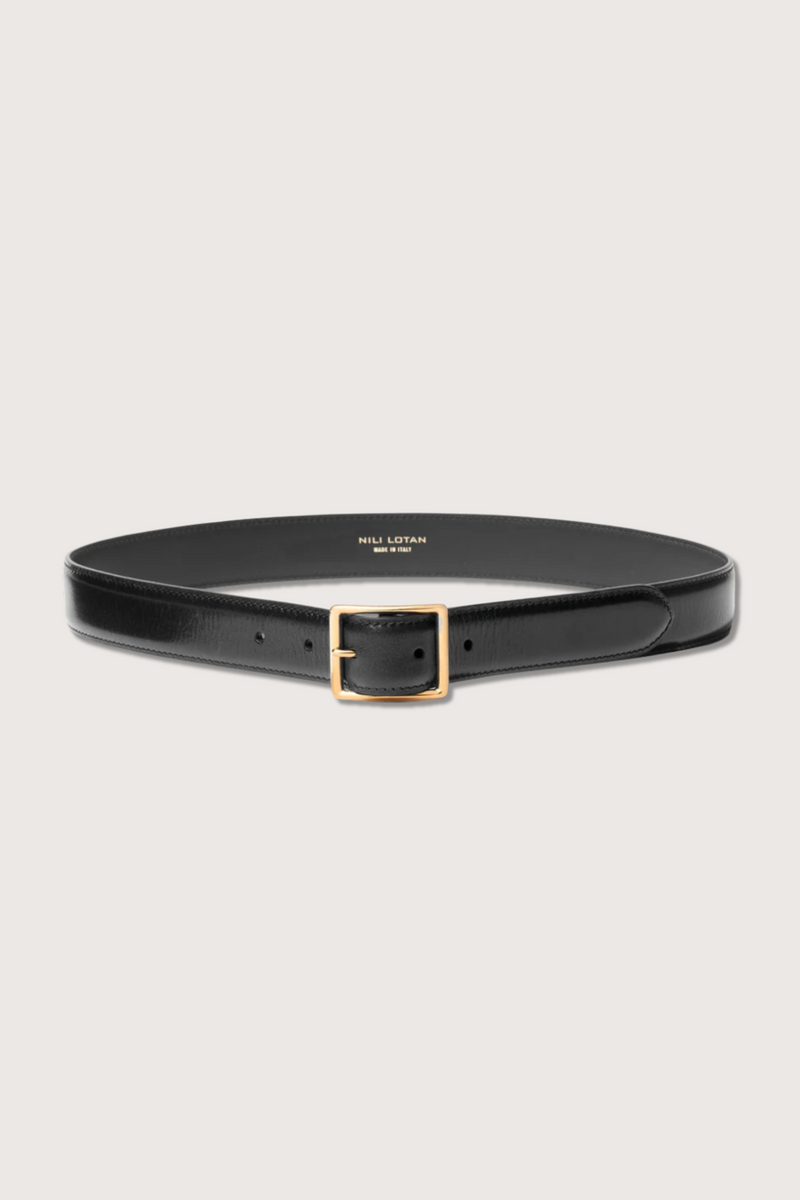 flat lay Gabriel leather Belt Black/Antique Gold brass square buckle