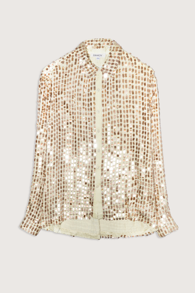 flat lay Gabriel Translucent Beaded Silk pear gold Long Sleeve
Micro pailettes throughout with beads
100% Silk&nbsp;
Button front closure