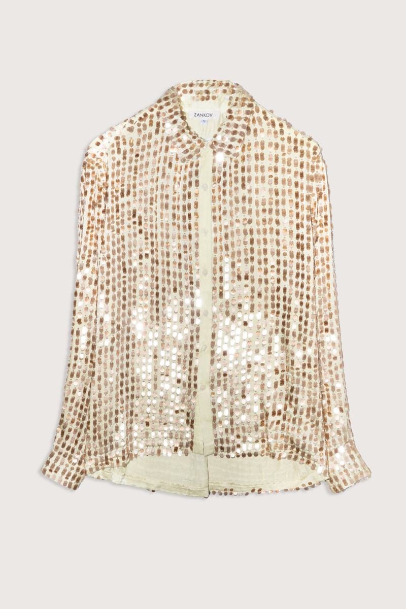 flat lay Gabriel Translucent Beaded Silk pear gold Long Sleeve
Micro pailettes throughout with beads
100% Silk&nbsp;
Button front closure