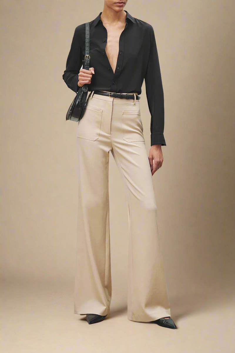 front profile model wearing Gaia Slim Silk Shirt Black