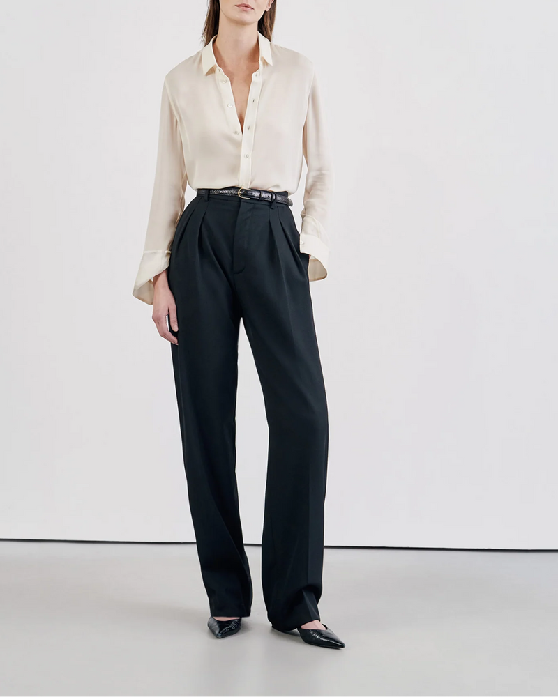 front profile model wearing Gaia Slim Silk Shirt Ivory