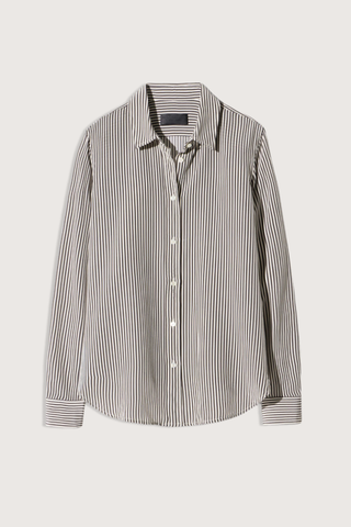 flat lay Gaia Slim Stripe Shirt dark brown and white stripe Long sleeve
Collared
Button up
Straight, slim body
Back yoke
Classic placket details
100% Silk