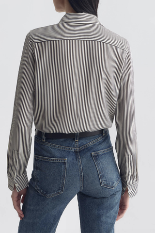 back profile model wearing Gaia Slim Stripe Shirt dark brown and white stripe Long sleeve
Collared
Button up
Straight, slim body
Back yoke
Classic placket details
100% Silk