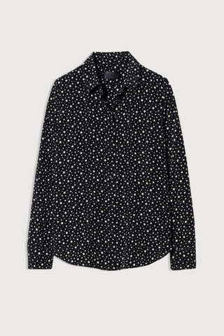 flat lay Gaia Star Print Shirt black white Long sleeve
Collared
Button up
Straight, slim body
Back yoke
Star print throughout
Classic placket details
100% Silk