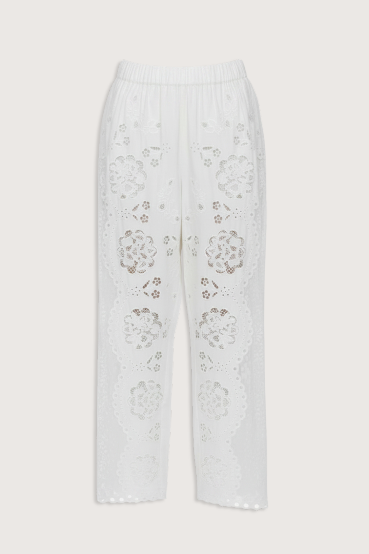 flat lay Gardener Embroidered Pants white Floral embroidery throughout
Sheer side panels
Delicate cutout detailing
Elasticized waistband
Softly tapered silhouette cotton nylon polyester blend